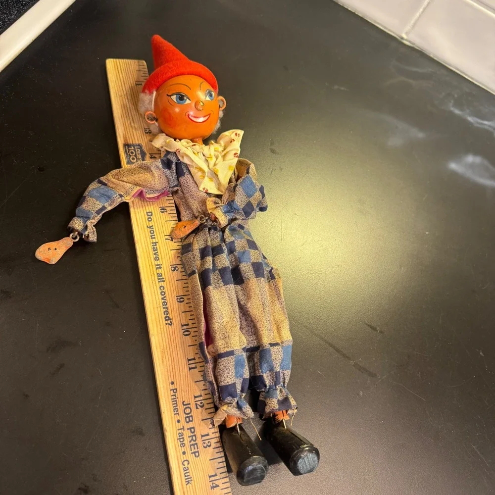 Vintage Marionette Puppet Toy 13in Multicolor Patchwork Jester Hand Painted Wood